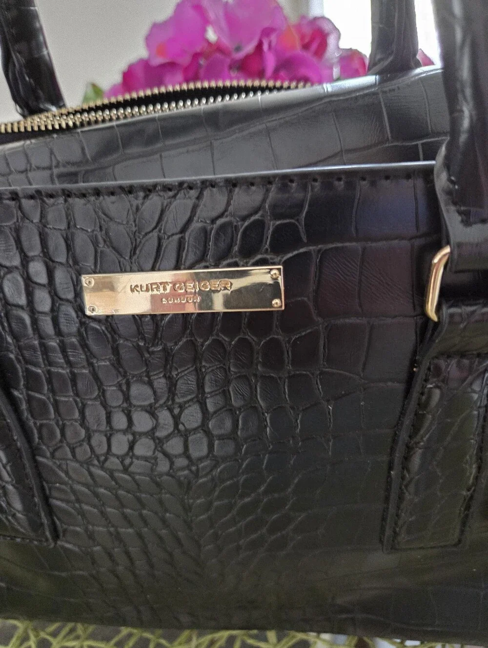 Kurt Geiger Black Croc-Embossed Satchel with Gold Hardware